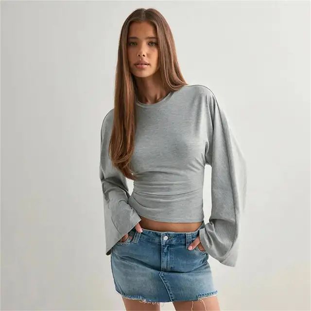 New Women's Long O-Neck Skinny T-Shirt Tops Solid Color Daily Streetwear Pullover Tees Summer Outfit