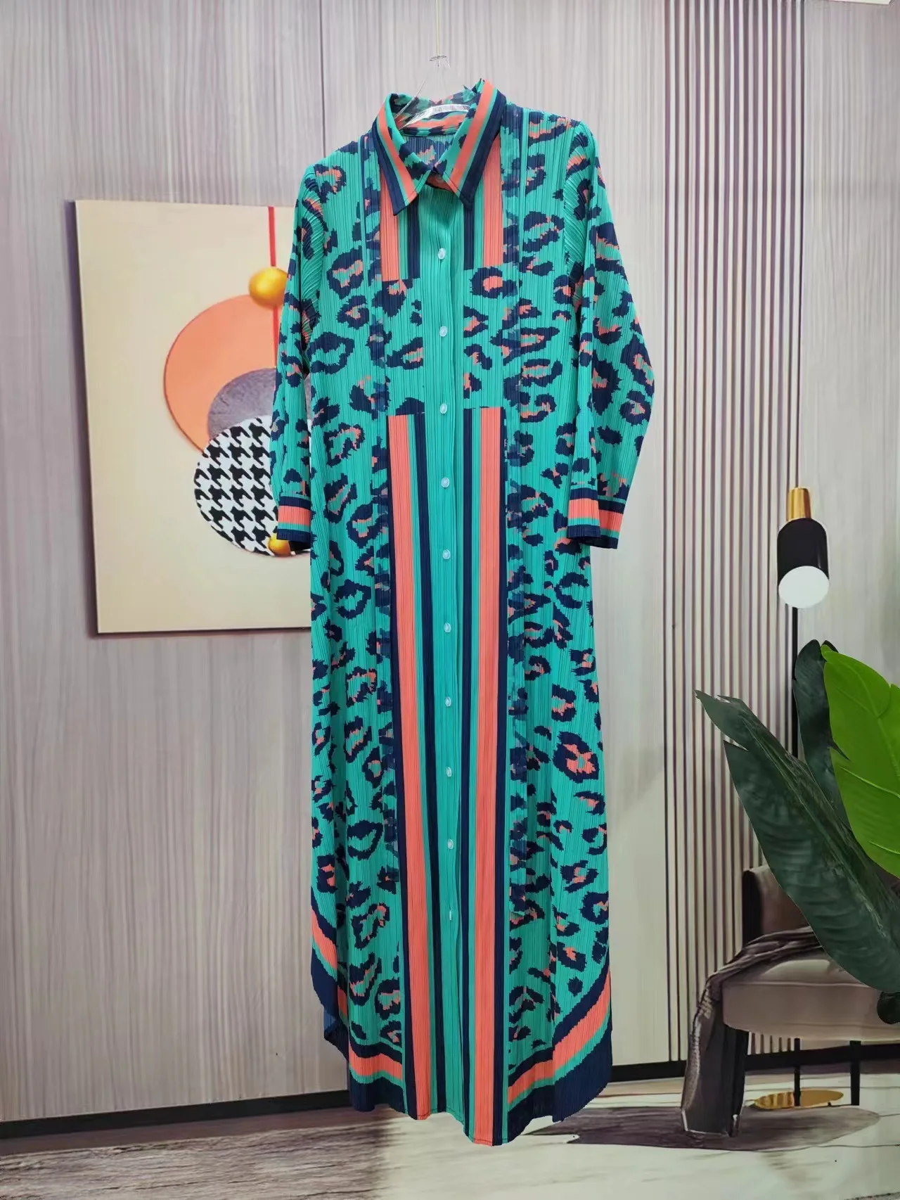 Miyake fashion Contrast Color Pleated Long Dress Women Lapel Single Breasted Print Belt Dresses 2024 spring New