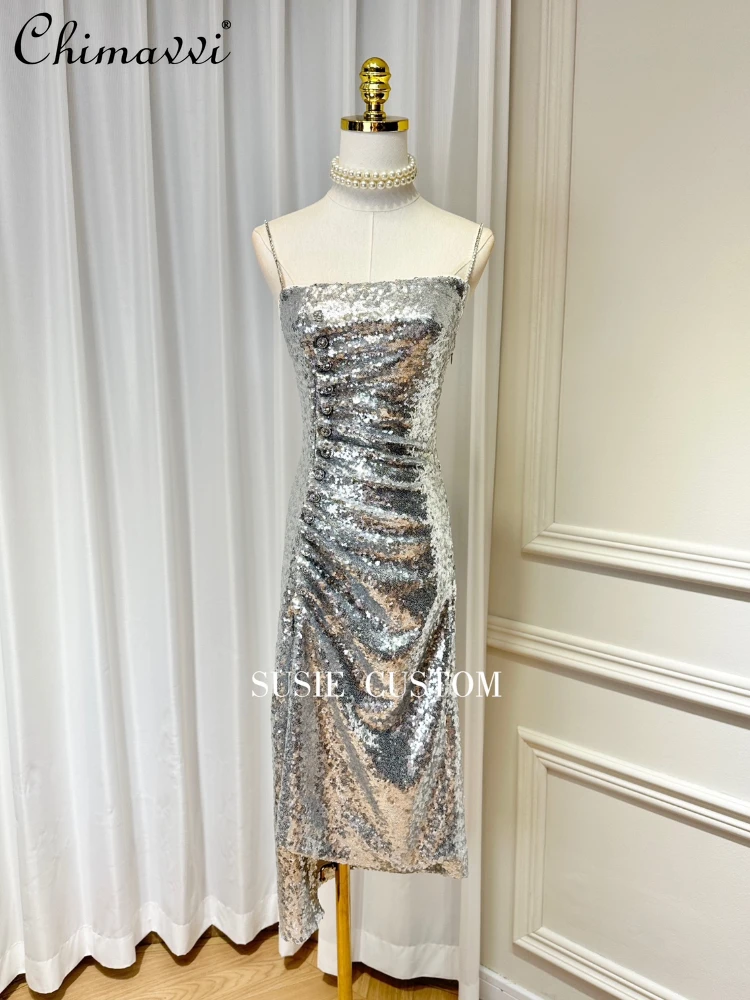 

High-End Elegant Rhinestone Sling Pleated Single-Breasted Women's Dress 2023 Summer Fashion Slim Irregular Sequin Formal Dress