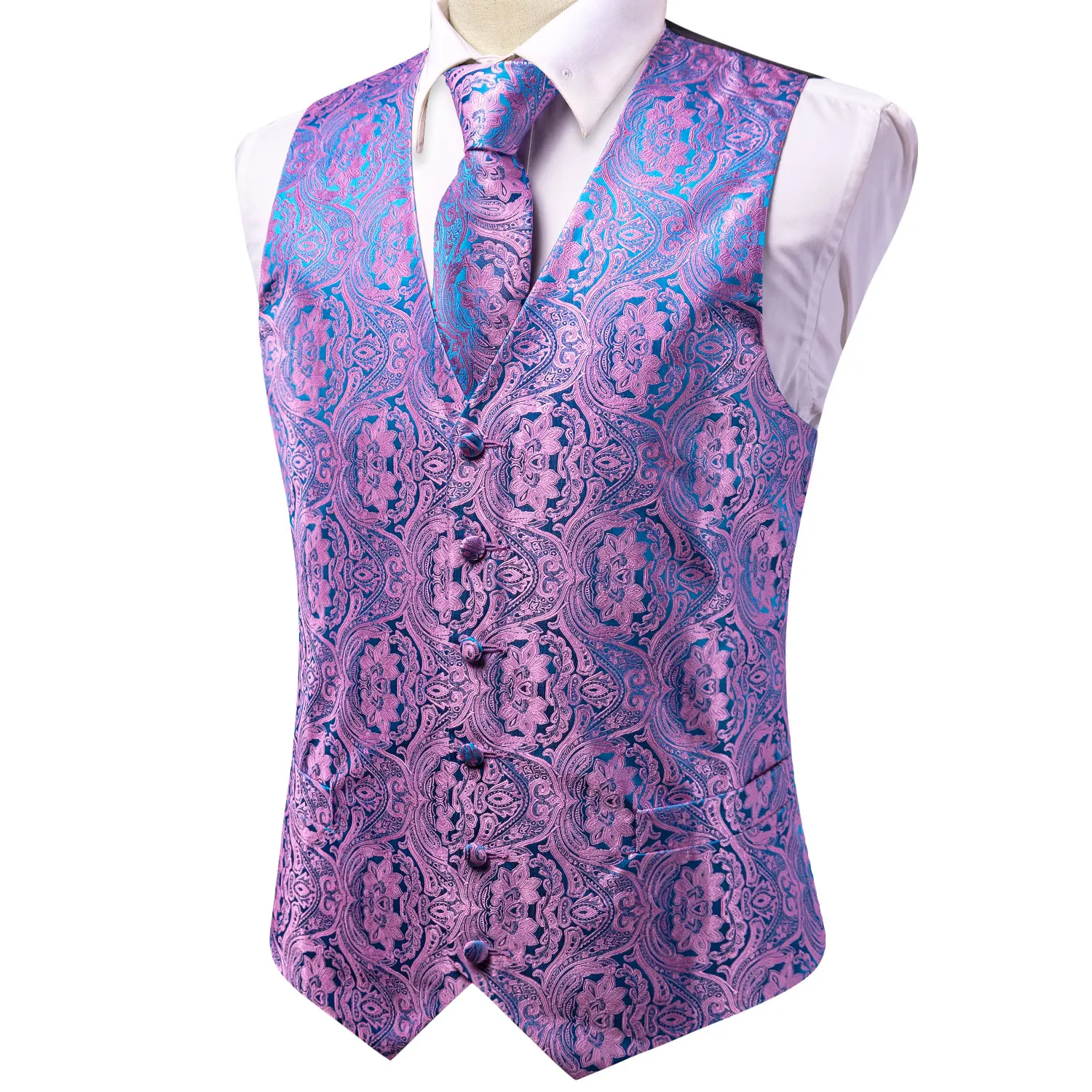 Wedding Purple Silk Men Vest Paisley Slim Fit Necktie Hankerchief Cufflinks Sets Male Sleeveless V-Neck Waistcoat Party Hi-Tie 3
