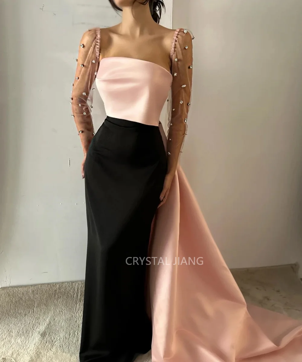 

Classy Long Square Collar Beaded Satin Evening Dresses Full Sleeves Sheath Floor Length Sweep Train Vestido De Festa