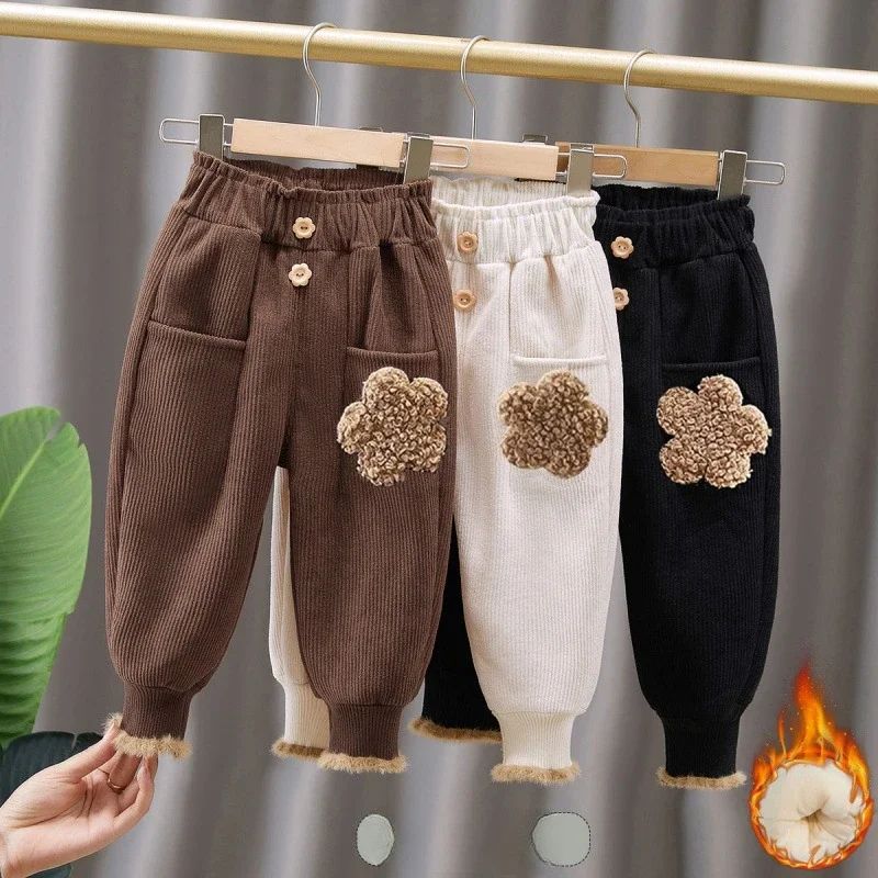 

Новинка, цельнокроеные брюки для девочек, плюшевый зимний вельветовый модный Свободный теплый универсальный эластичный Цветочный мех, мягкий уличный