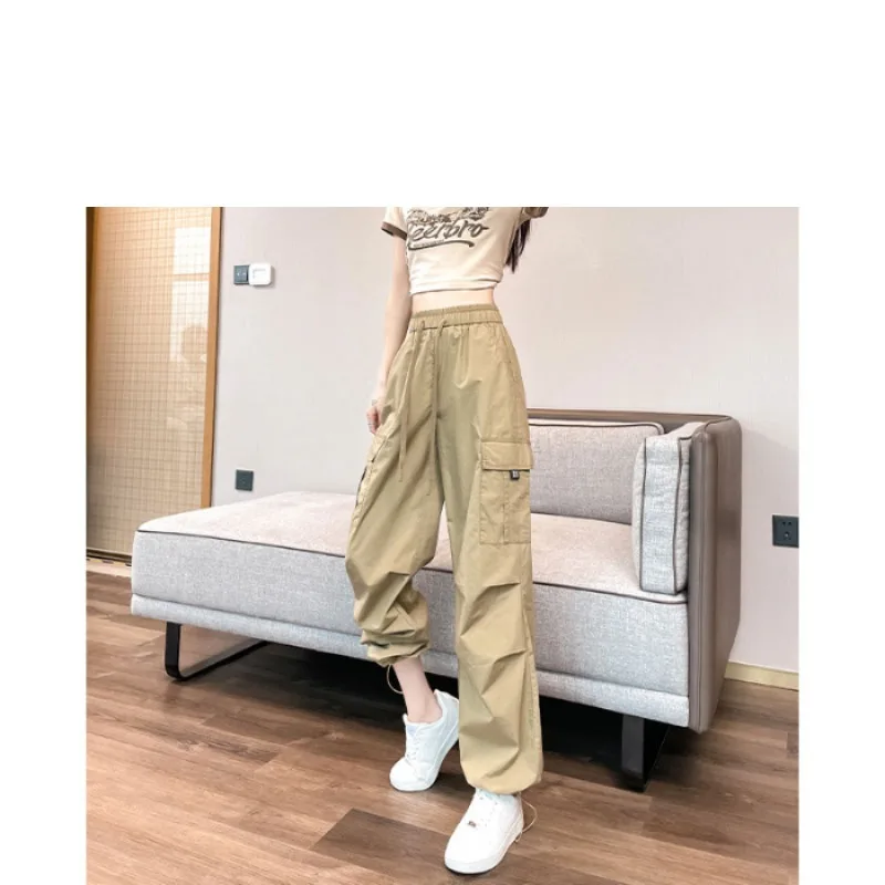 Women's Spring Autumn Elastic High Waisted Solid Drawstring Pockets Pleated Casual Harlan Lantern Wide Leg Trousers Pants