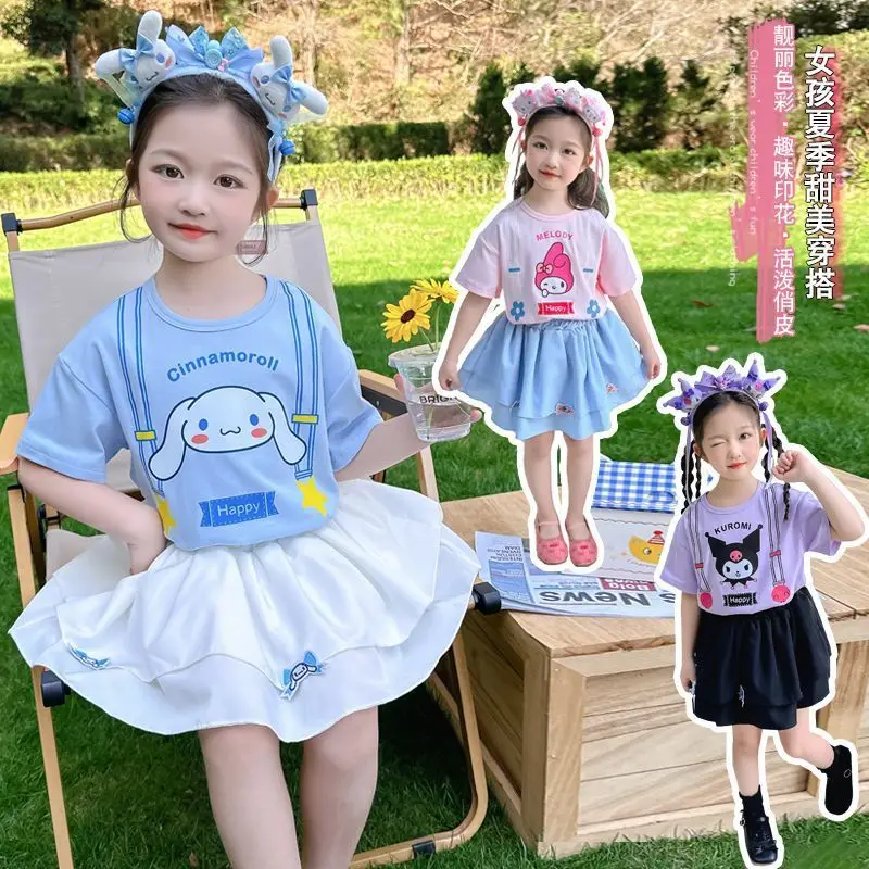 Sanrio Kuromi 마이 멜로디 걸스 반팔 반바지 정장 여름 Cinnamoroll 슬링 조끼 바지 투피스 세트 아동 의류