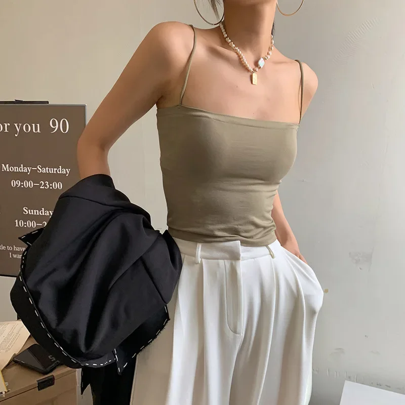 Women Tank Tops Solid Colour Camisole Vest Female Summer with Bra Pads Outside Wear Tops Suspenders Without Steel Ring Long Thin Bustier