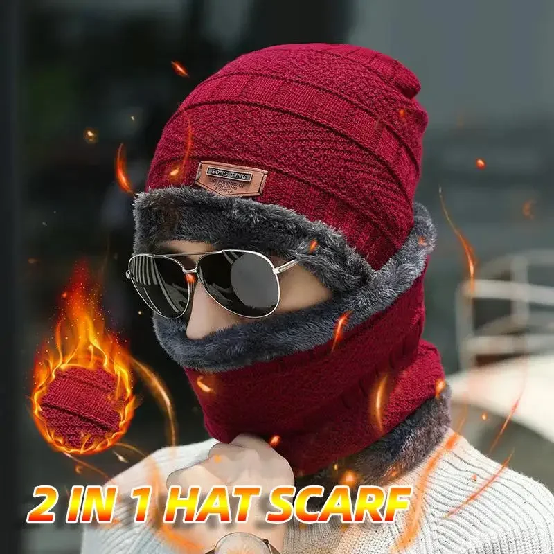 Fashion Men Knitted Hat Scarf Caps Neck Warmer Winter Hats for Men Skullies Beanies Warm Fleece Cap