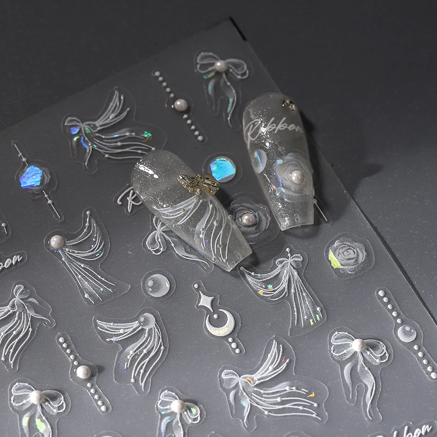 1개 클래식 화이트 플라워 네일 참 스티커 5D 엠보싱 진주 꽃 리본 디자인 네일 아트 스티커 매니큐어 데코레이션