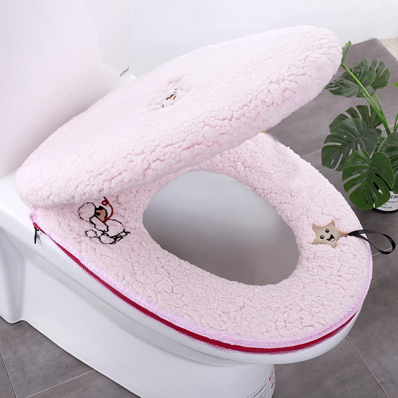 

Korean Style Universal Toilet Seat Cushion Winter Thickened Plush Toilet Seat Cover Cute Solid ColorZipper Toilet Cover