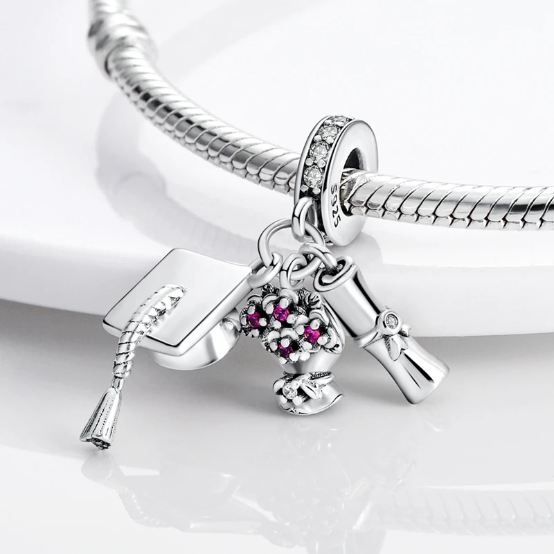 Abschlussbuch-Charm, Bachelor-Kappe, Blumen, baumelnd, 925er Silber, passend für Original-Armband, Schmuck, Abschlussgeschenk – Detail 13