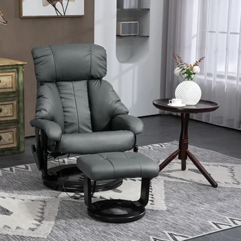 Recliner Chair with Ottoman, Swivel Wood Base, Remote and Side Pocket, Grey 1