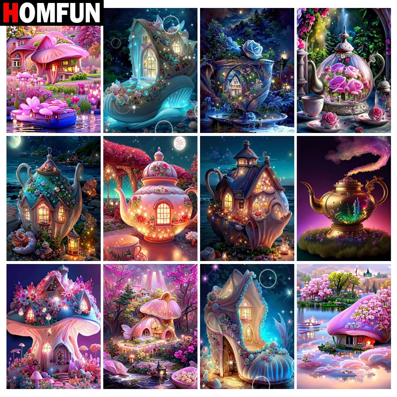 

Картина из страз HOMFUN «Цветочный замок», алмазная 5D Вышивка крестиком, мозаика из квадратных/круглых страз для домашнего декора «сделай сам»