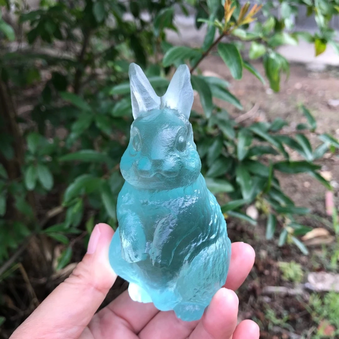 

100 mm Natural Crystal Mineral Blue Green Coloured Glaze Crystal Carved Rabbit Home Ornament And DIY Ornament 1pcs
