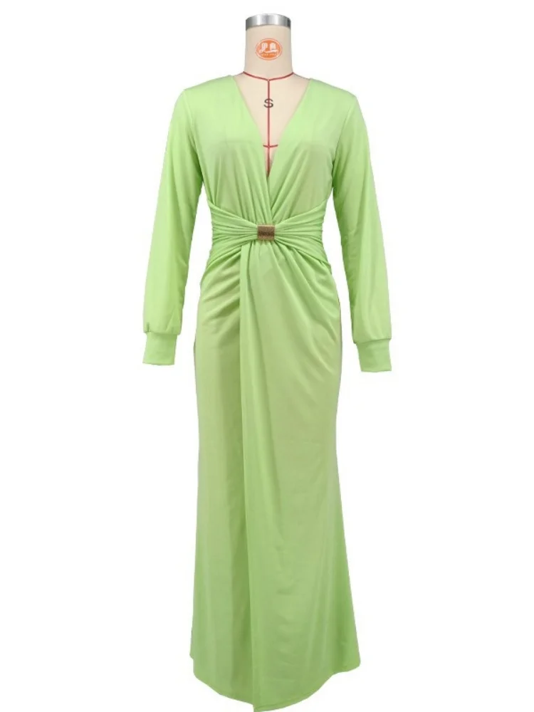 Wmstar Dress Women Wholesale Fashionable Deep V Neck Long Sleeved Waist Cinching Sexy Slit Solid Color Long Autumn Winter