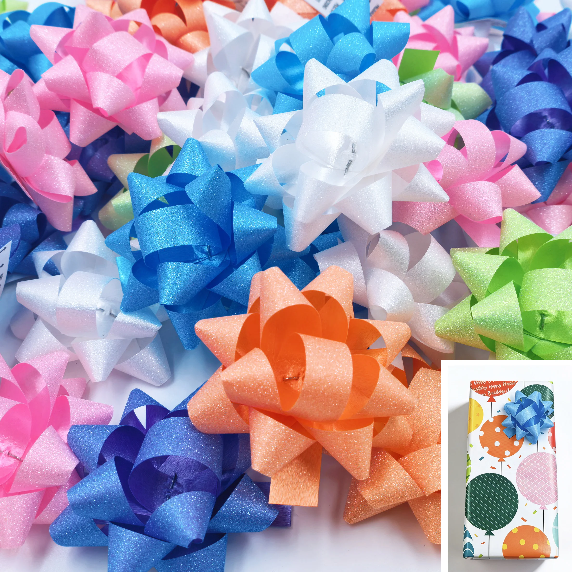 60 Stück 5,1 cm große Glitzerband-Geschenkschleifen mit Frühlingsthema, bunte Stern-Blumenschleifen für Weihnachten, Geburtstag, Party, alltägliche Geschenke, Dekoration