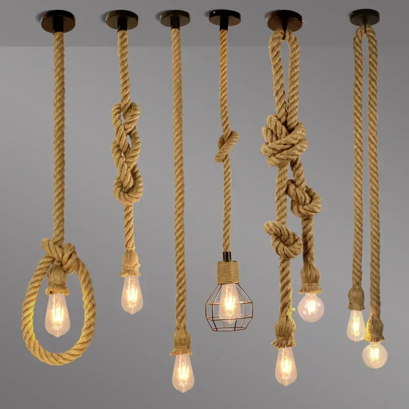 

Creative Loft Country Style Ceiling Lamps E27 Edison LED Retro Vintage Hemp Rope Pendant Light American Industrial Hanging Lamps