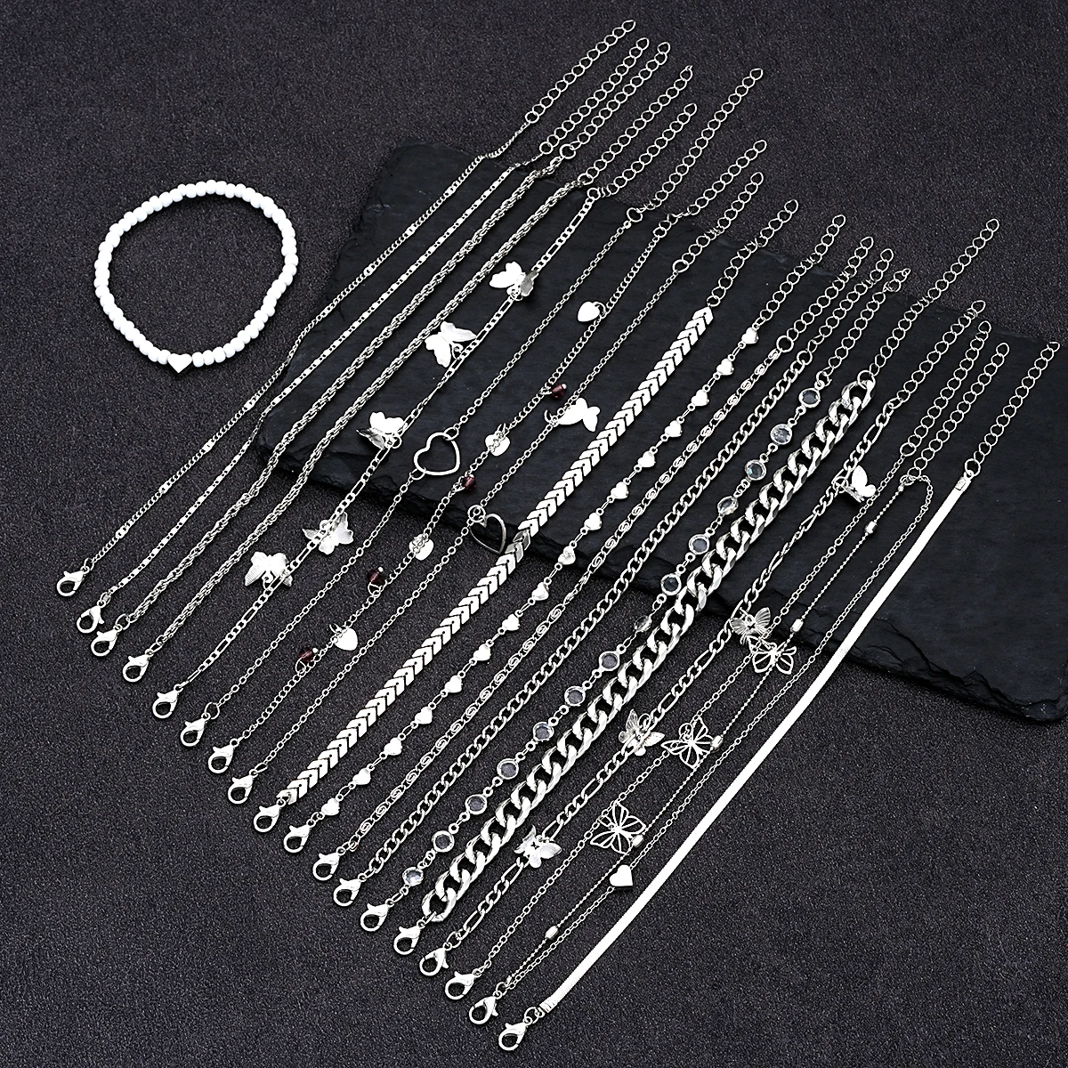 Fashion Accessories Silver Anklet Bracelet Ankle Chains Beads Anklet Toe Foot Bracelet Fashion Metal Butterfly Heart Pendant Anklets Set Bohemia Vintage Pearl Foot Bracelet Beach Woman Jewelry Gifts 20 Pcs/Set