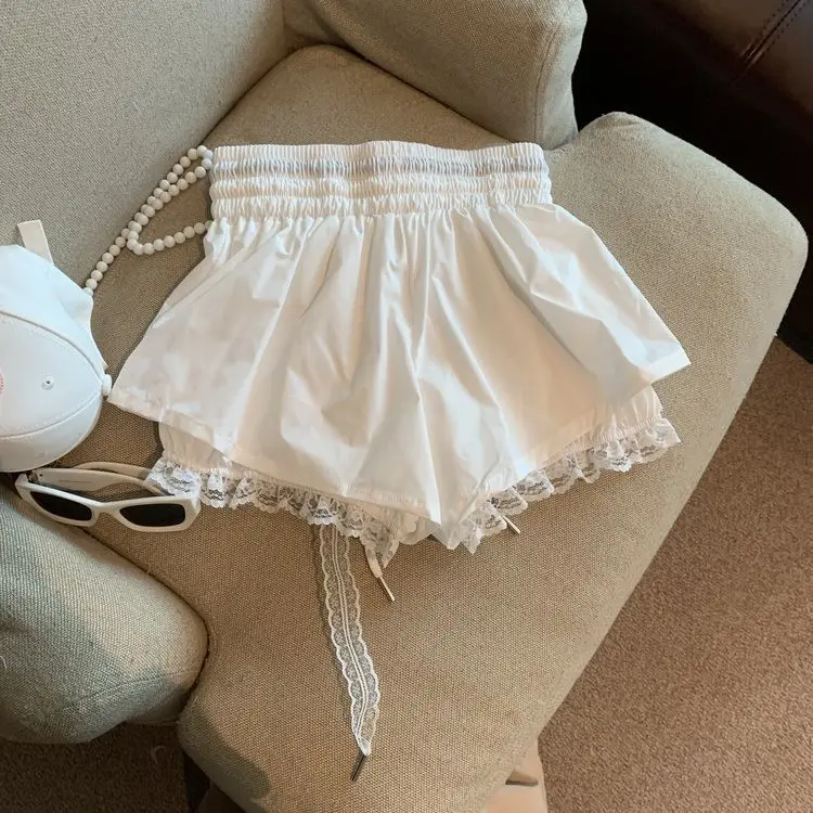 Women's Patchwork Fake Two-piece Lace Shorts High Elastic Waist Drawstring A-shaped Casual Shorts Pants