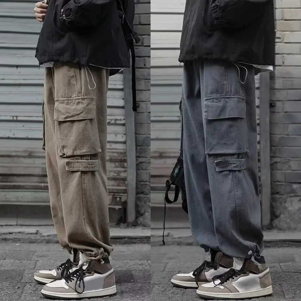 

Loose Pants Retro Streetwear Cargo Pants with Multiple Pockets Deep Crotch for Men Breathable Mid Waist Trousers in Solid Colors