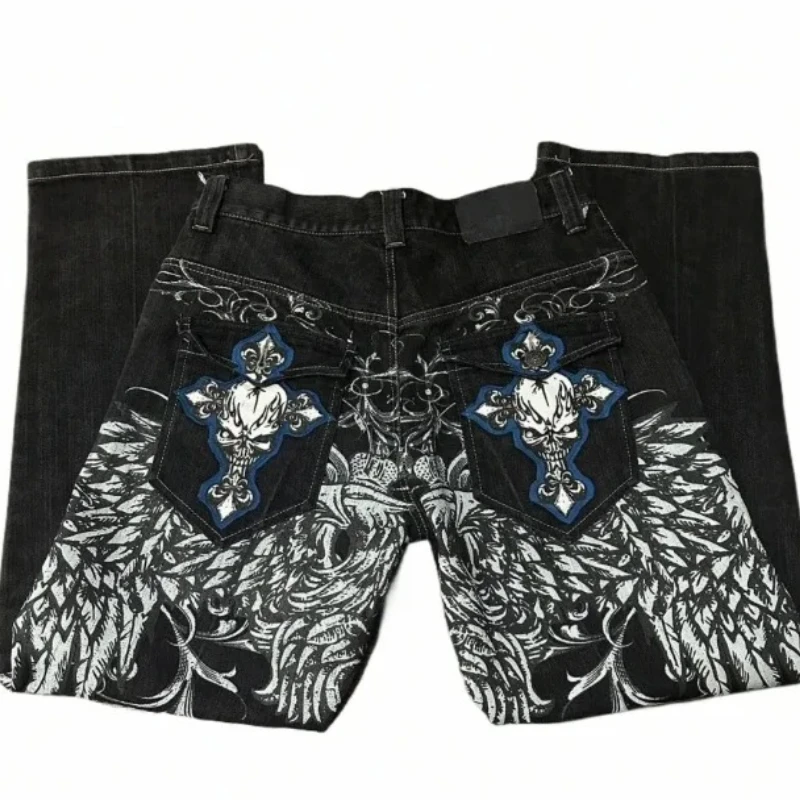 Y2K men's retro embroidered jeans, fashionable street style, unique pattern, casual loose trousers to create a trendy outfit 6