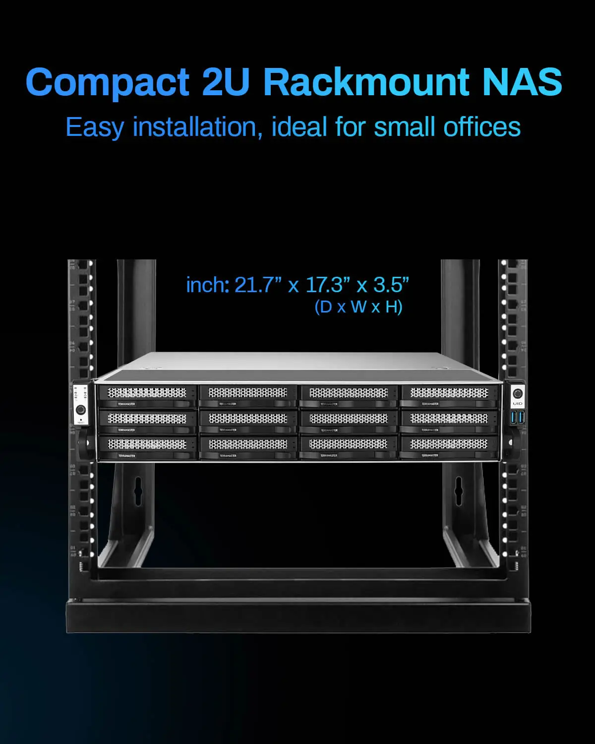 TERRAMASTER U12-500 플러스 NAS 스토리지-12Bay 코어 i7 1255U 10 코어, 16GB DDR5 RAM, 듀얼 10GbE 포트, 2U 랙 마운트 (디스크리스)