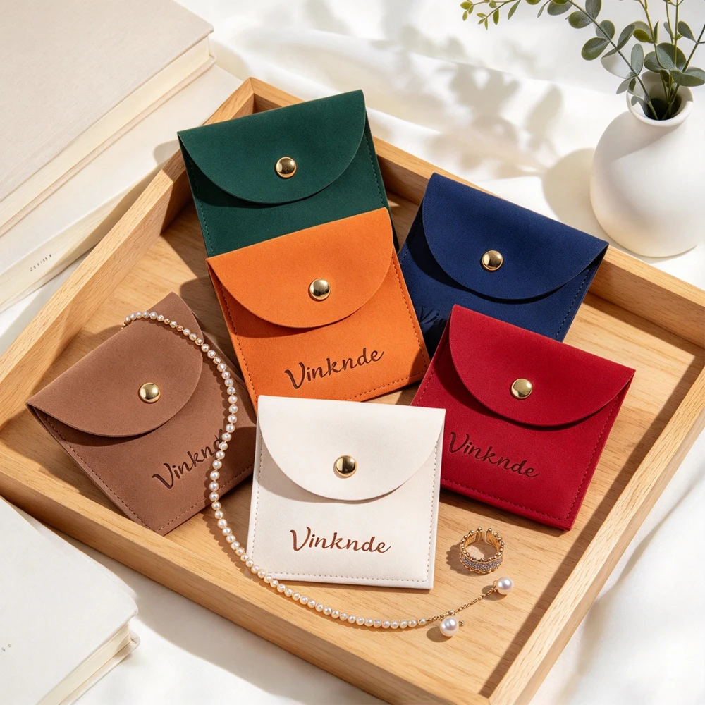 100pcs Soft Microfiber Jewellery Pouches Half Circle Snap Flap Custom Logo Suede Button Bag For Earring Ring Jewelry Packaging