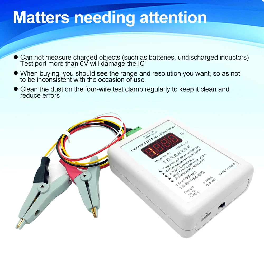 YMC01 Handheld DC Milliohmmeter Low Resistance Tester Meter Four Wire Kelvin Measurement Rechargeable