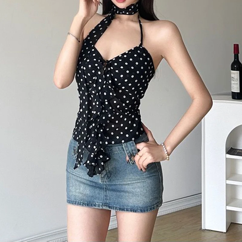Summer Camisole Slim Vest Sexy Women Sleeveless Perspective V-Neck Ribbon Tank Top Female Solid Black Polka Dots Crop Tops Y2k