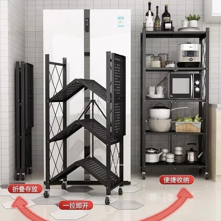 Nordic iron Kitchen Cabinets Folding Storage Rack Multi-layer Kitchen Pan Microwave Storage Rack Home Bathroom Mobile R