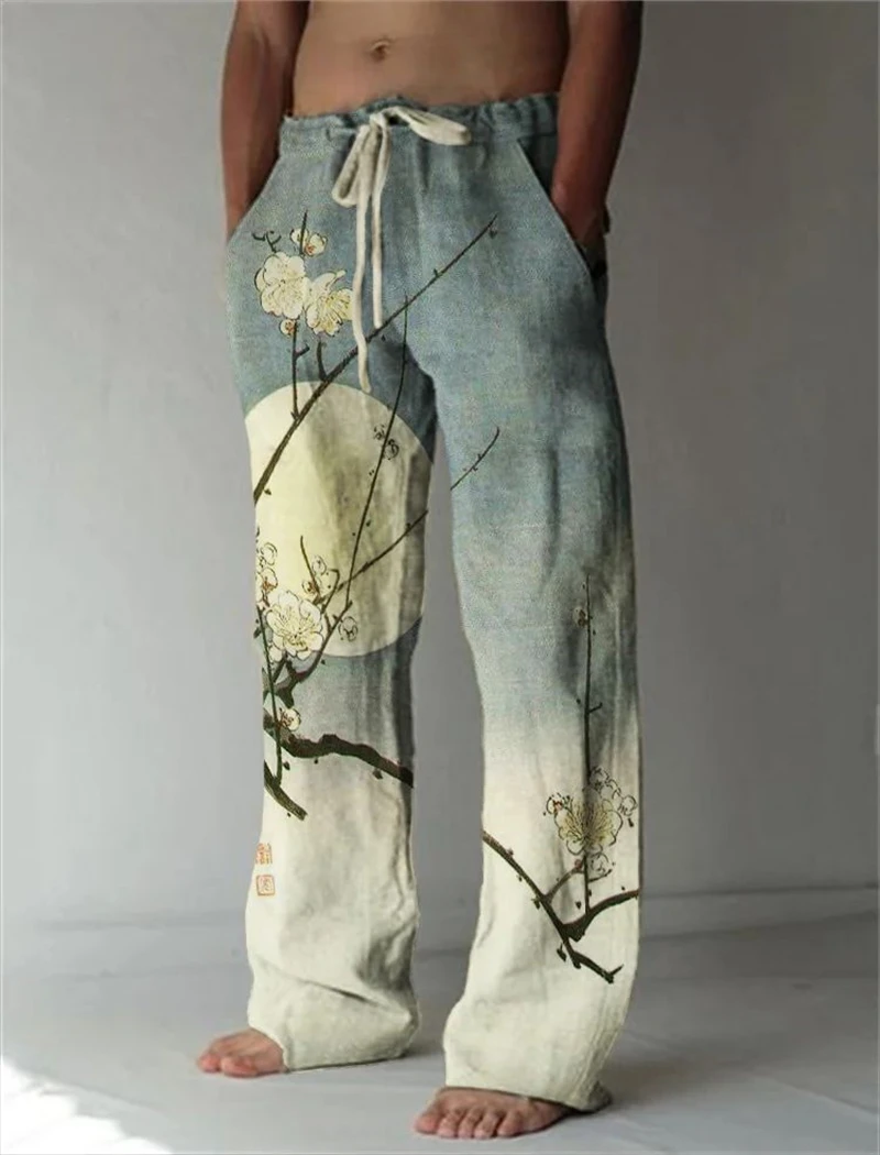 Summer men's trousers 3D printed black ink fish pattern slim fit casual trousers Comfortable casual men's straight trousers