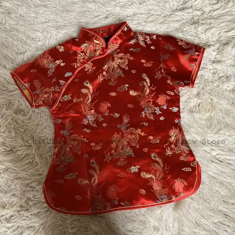 Women Satin Shirt Chinese Tradition New Year Chesongam Tops Short Sleeve Blouse Wedding Tang Clothing 3Xl4Xl