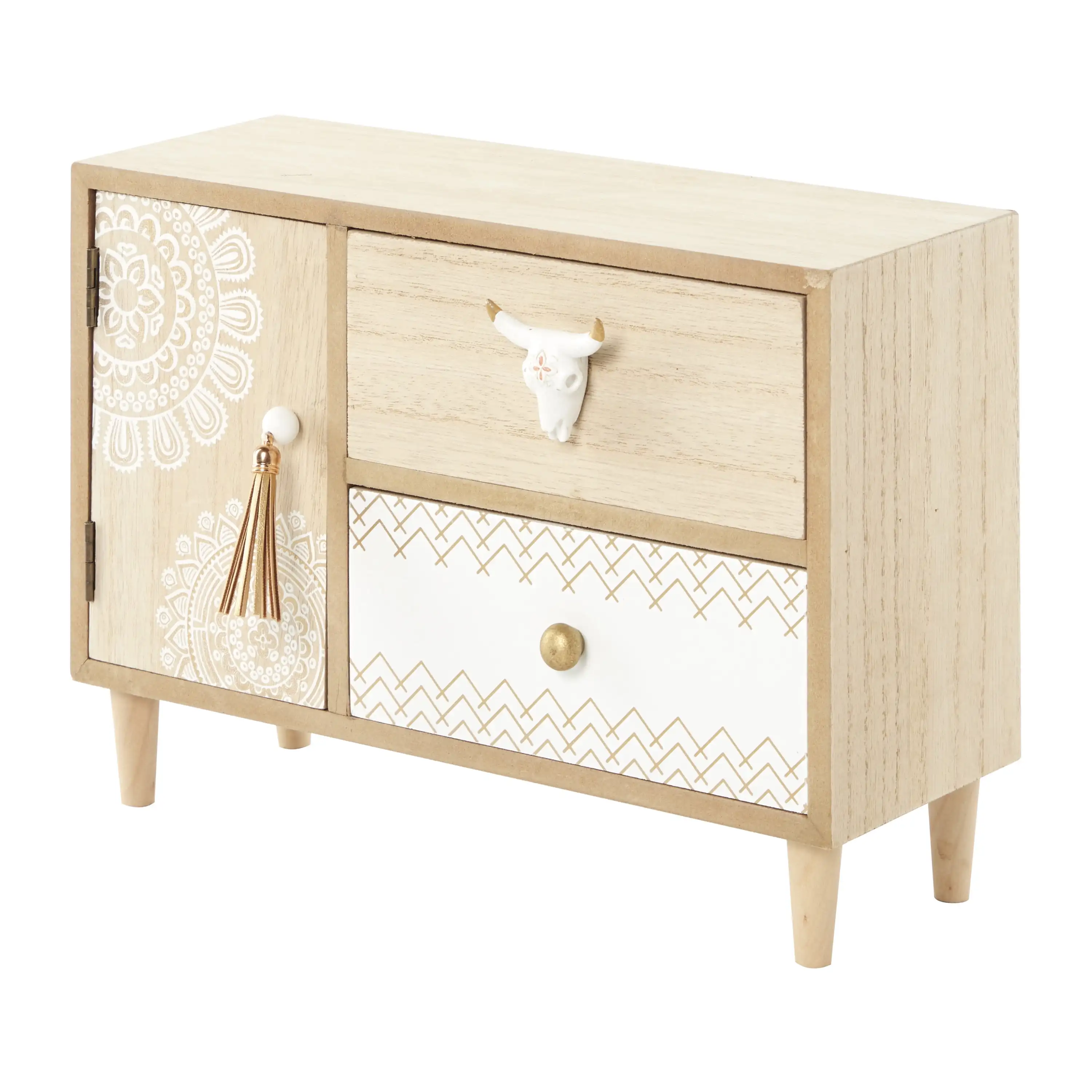 

DecMode Floral 3 Drawers Light Brown Wooden Decorative Jewelry Box with Bull Head Knob