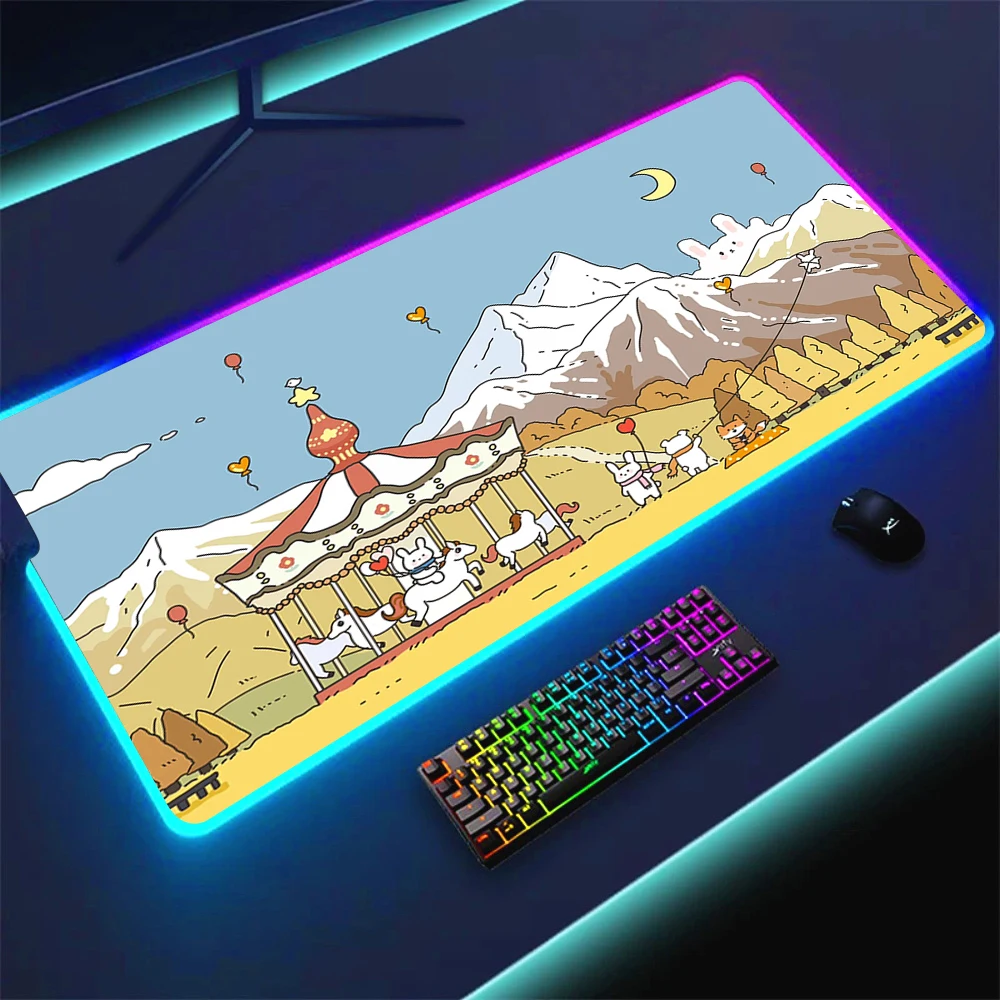 

Comic Cute Rabbit Doll Custom RGB Mousepad Black Lock LED with Backlight Computer Keyboard Rubber Non-Slip Yellow Desk Mat Xxl