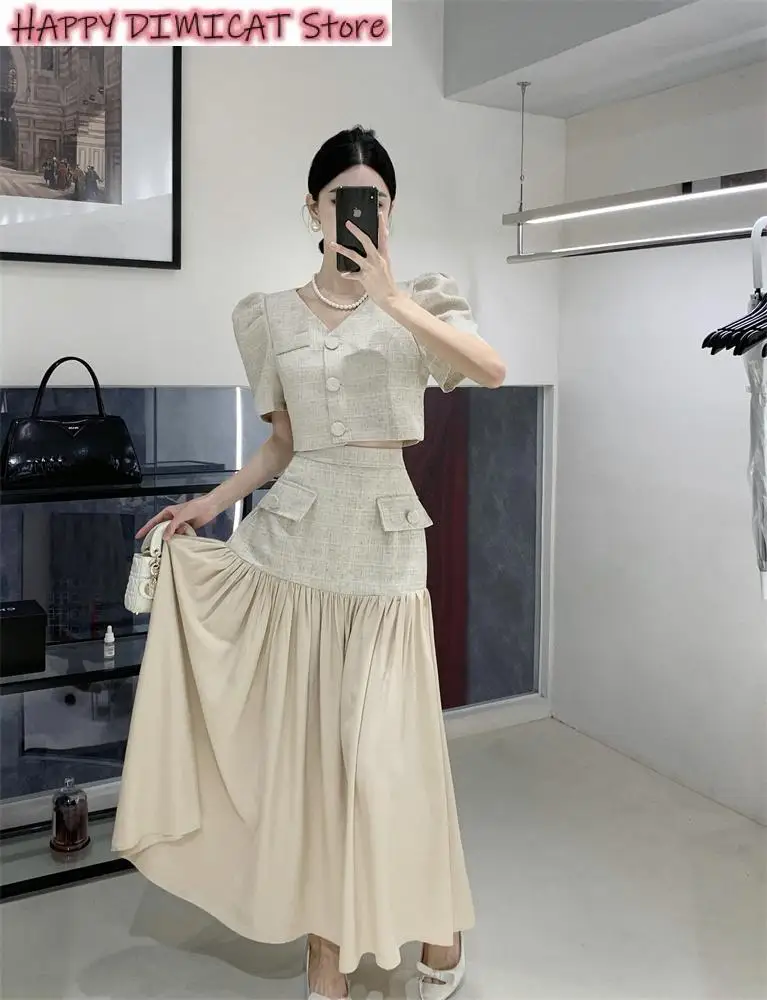 Midi Skirt Suit 2 Piece Set Puff Sleeve V Neck Single Breasted Jacket + High Waist French Style Elegant Patchwork Women Skirt