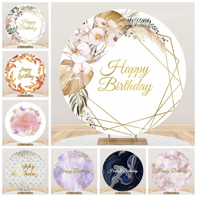 

Tableclothsfactory Happy Birthday Round Backdrop Cover Color Marble Texture Baby Shower Party Photography Background