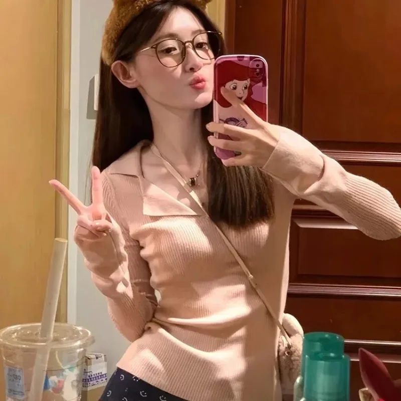 

Autumn Women's Clothes Polo Neck Knit Sweater Winter Knitwear Korean Long Sleeved V-neck Pullovers Slim Pink Pullover Women Y2k