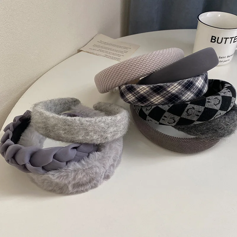 Korea Ins Gray Wool Hair Hoop Autumn And Winter Temperament Coil Hair Head Hoop Outdoor Hairpin Girls Hair Accessories Headdress flapper headband