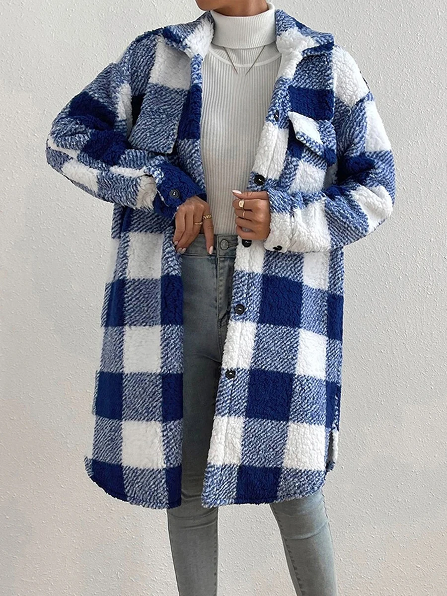 

Women's Winter Coats Fuzzy Fleece Sherpa Plush Plaid Jacket Plaid Long Sleeve Buttons Turn-Down Collar Plush Warm Outerwear