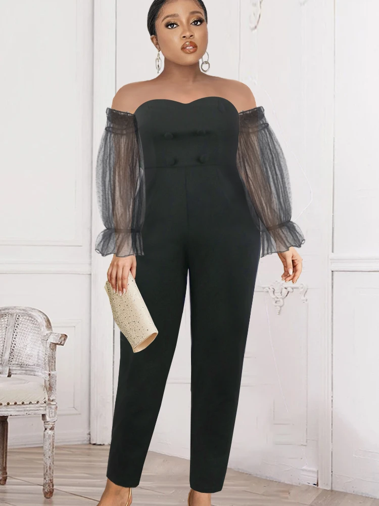 

Women Black Party Jumpsuit Off Shoulder Evening Sexy Bodycon Backless Overalls Polka Dot Rompers with Pocket Big Size 4XL 5XL
