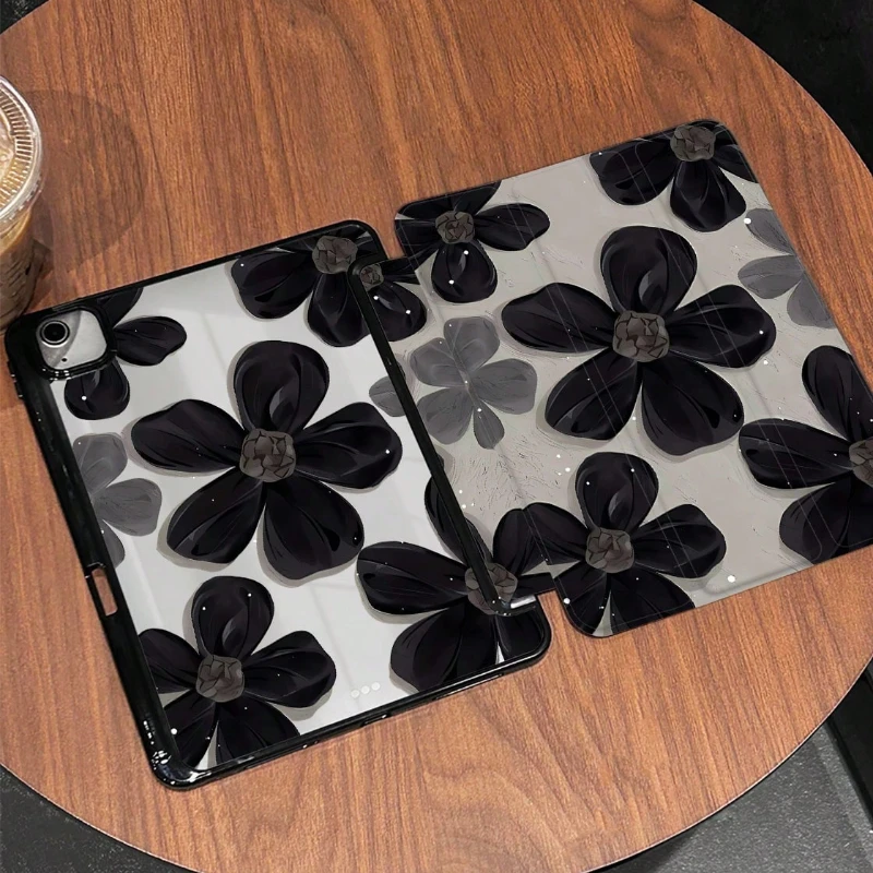 Elegant Black Floral PU iPad Case Cover