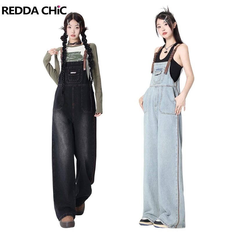 

ReddaChic Patchwork Vintage Women Jumpsuit Wash Black Blue Pocket Bib Pants Wide Leg Casual Denim Overalls Grunge Y2k Streetwear