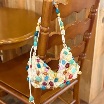 Borsa a tracolla con perline in stile bohémien per donna, moda casual francese, stile vacanza, decorazione con pietre colorate, borse dal design di lusso