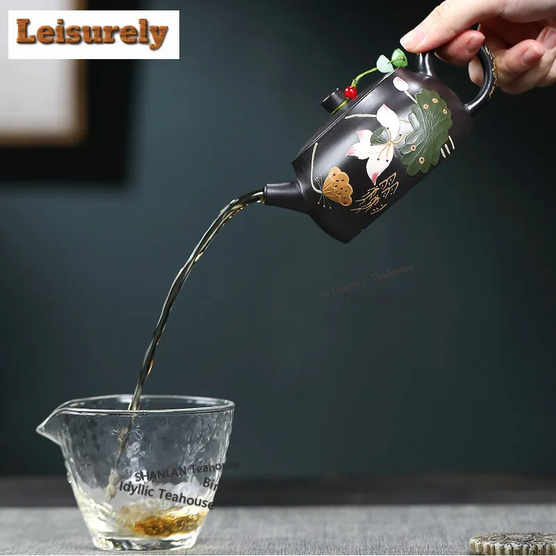 260ml Exquisite Yixing Purple Clay Teapot Handmade Lotus Pot Raw Ore Black Zhu Mud Tea Infuser Kettle With Strainer Zisha Teaset