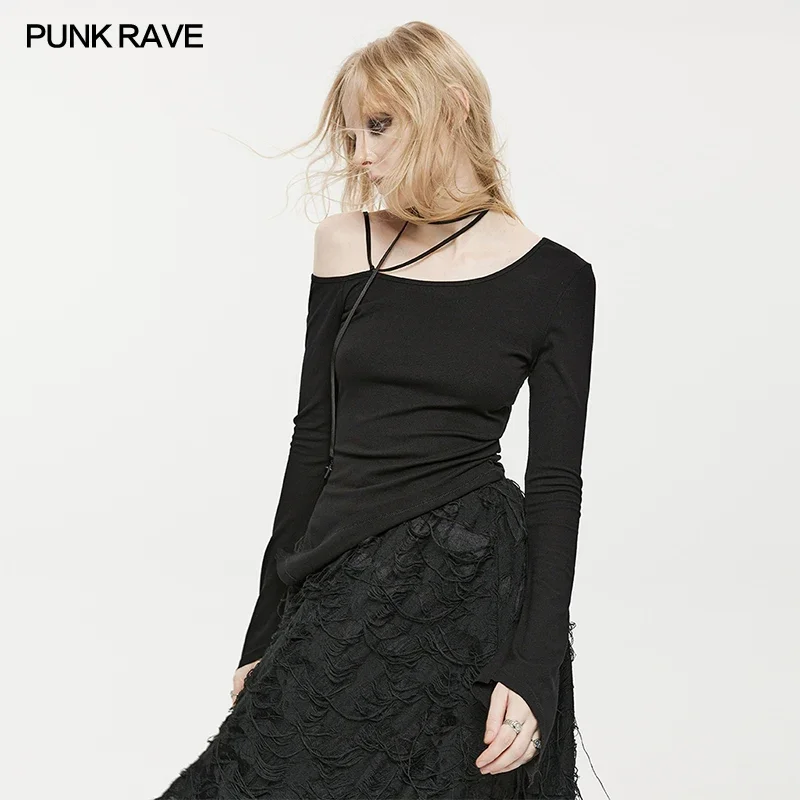 

PUNK RAVE Women's Gothic T-Shirt Collect Waist Asymmetrical Soft Daily One Side Off Shoulder Strap Women Black Flare Sleeve Top