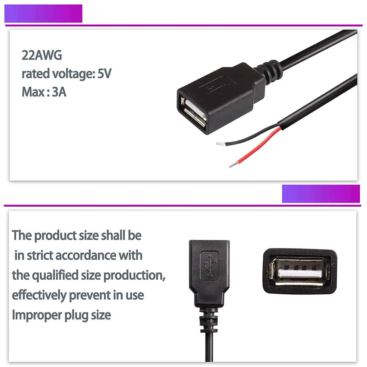 2pcs/lot USB Female Pigtail Cable Extension Power Cable 22AWG 5V 3A Socket to 2 Pin Bare Wire Open End Connector for DIY-2 Pcs