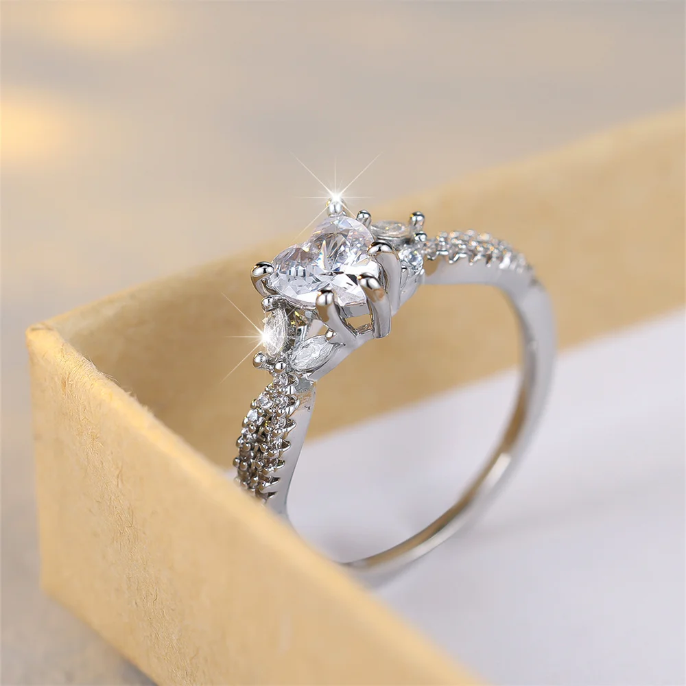 White Zircon Small Heart Stone Rings For Women Classic Silver Color Wedding Band Engagement Jewelry Accessory Mother's Day Gifts