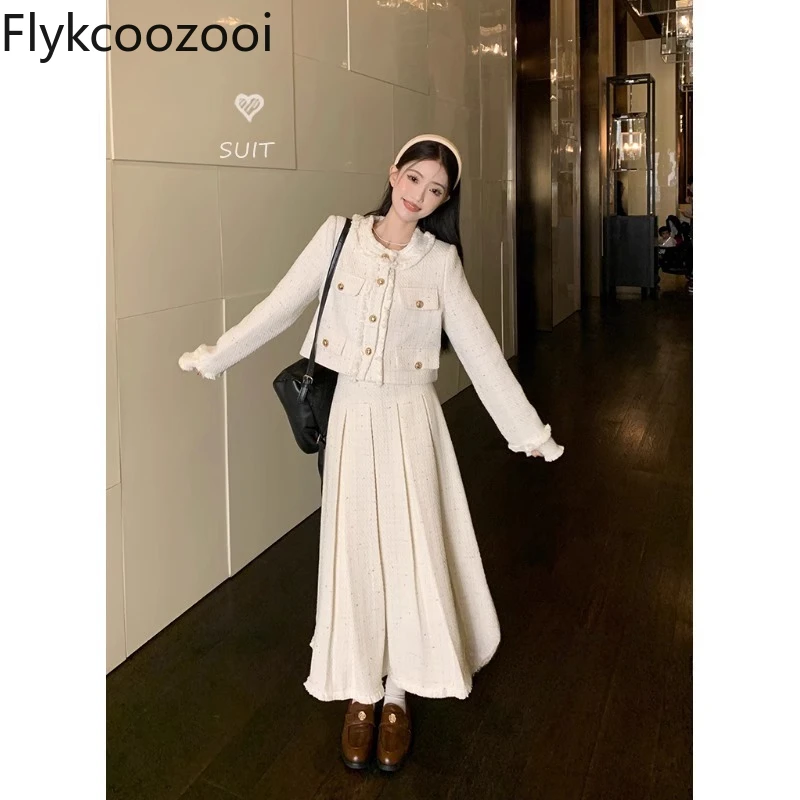 

Women's Skirts Sets O-Neck Single Breasted Coat+High Waisted A-Line Skirt Gentle Small Fragrance Style Two-Piece Lady's Clothing