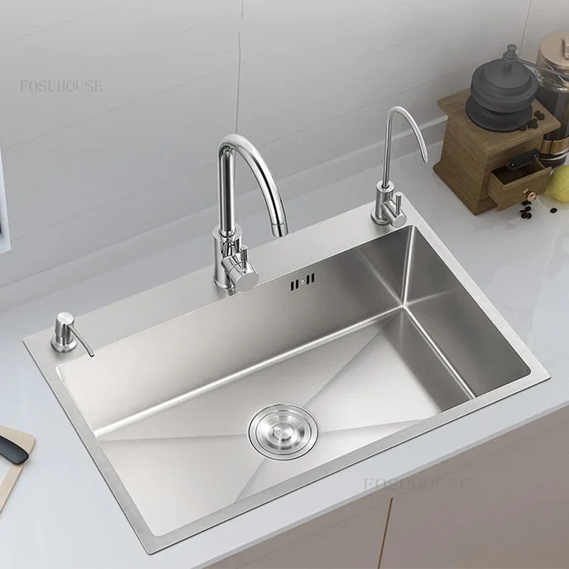 Kitchen Sink Single-slot 304 Stainless Steel Thickened Handmade Wash Basin Household Dishwashing Sink Large Under-counter Basin