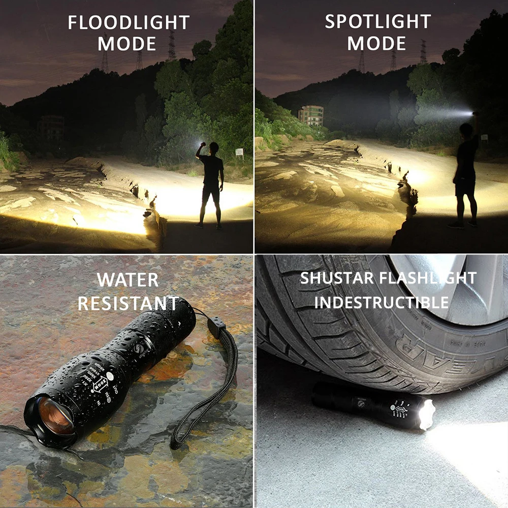 Shustar Led flashlight Ultra Bright torch L2/V6 Camping light 5 switch Mode waterproof Zoomable Bicycle Light  use 18650 battery