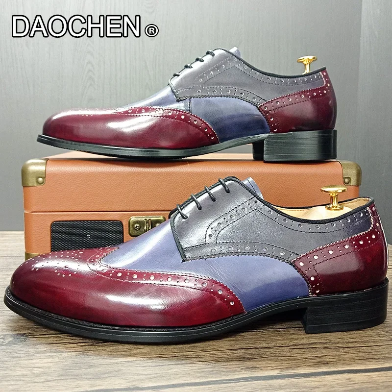 LUXURY MEN LEATHER SHOES MIXED COLORS LACE UP DERBY OXFORDS BROGUE CASUAL MENS DRESS SHOES WEDDING OFFICE SHOES FOR MEN