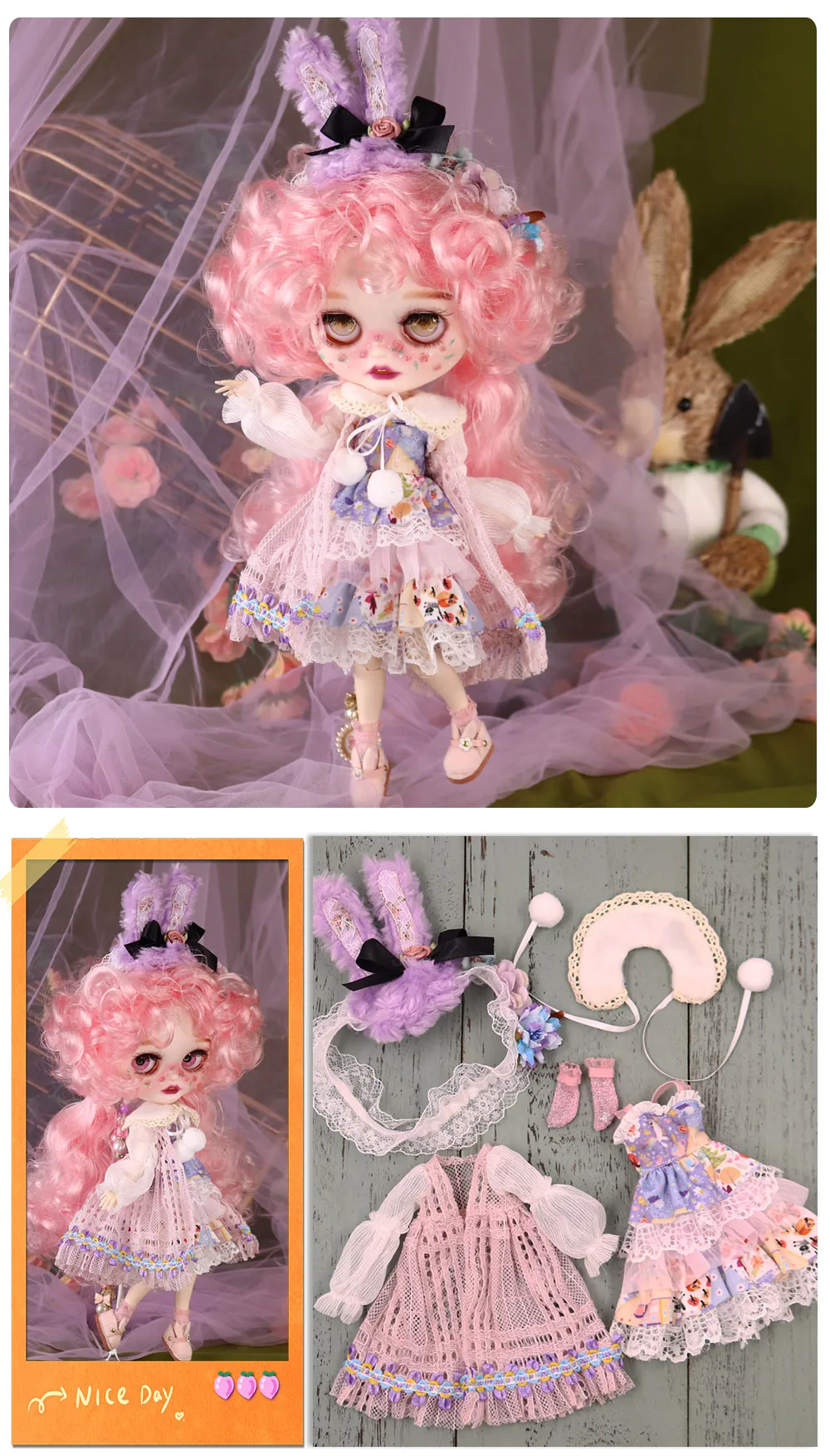 Outfits für eisige dbs blyth Puppen Alice im Wunderland Kleid mit Kopfschmuck süßer Honig Anzug bjd ob24 Anime Mädchen Bratz – Detail 1